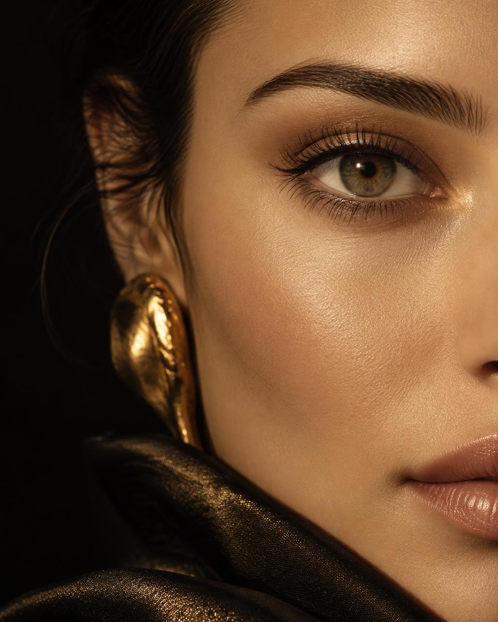 Close up of a calm open eye and under eye area in warm light