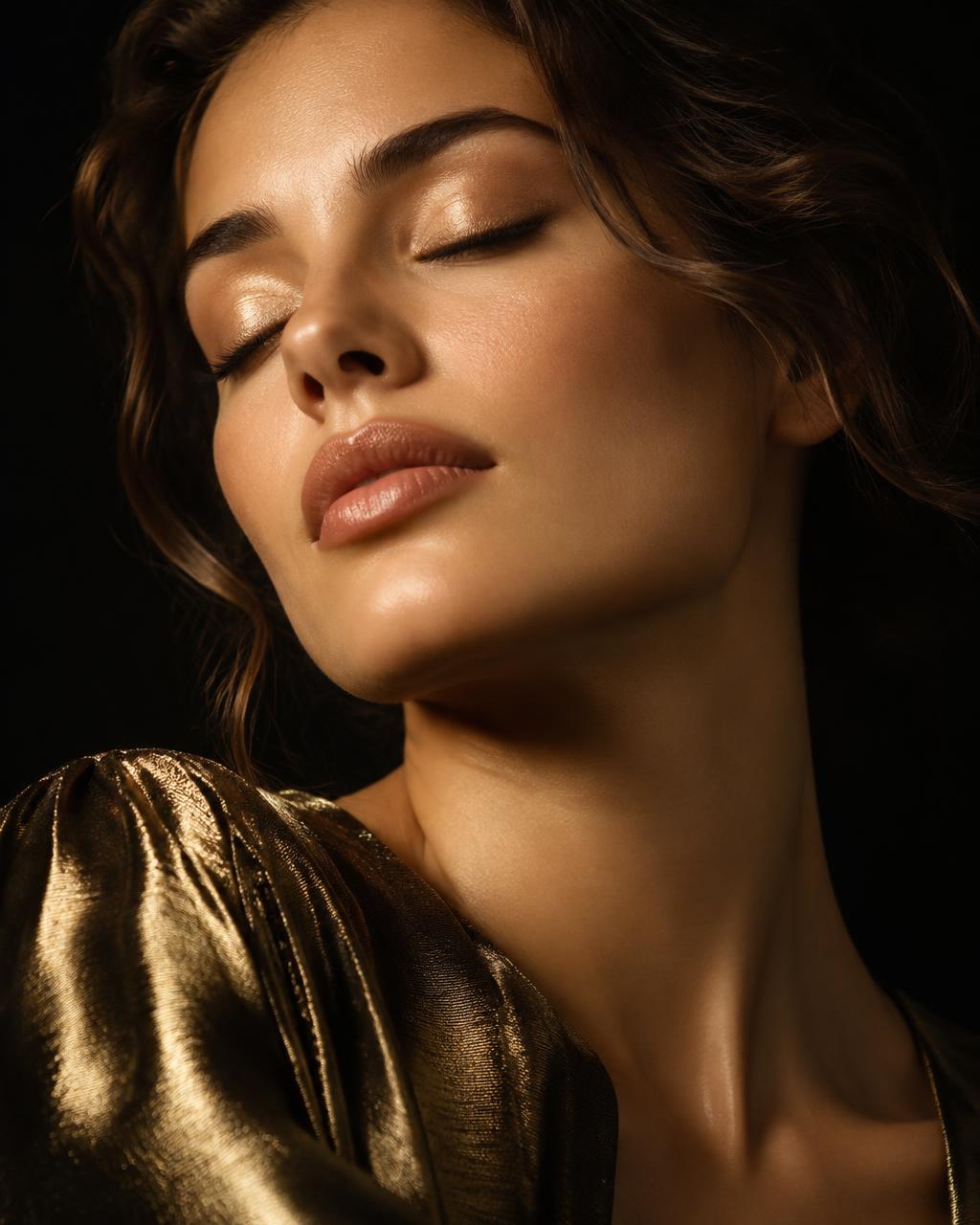 Relaxed serene face with a smooth forehead in warm golden light