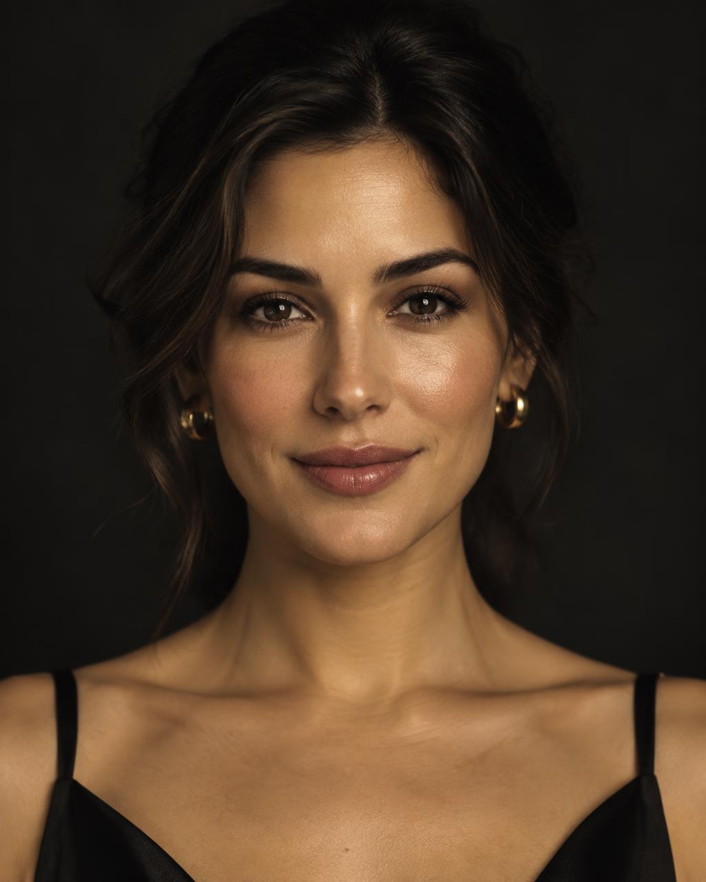 Front facing editorial beauty portrait with a gentle smile