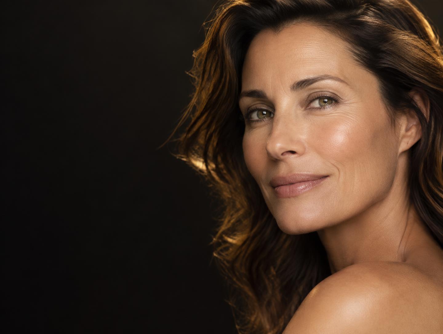Editorial model with natural expression lines and a gentle smile