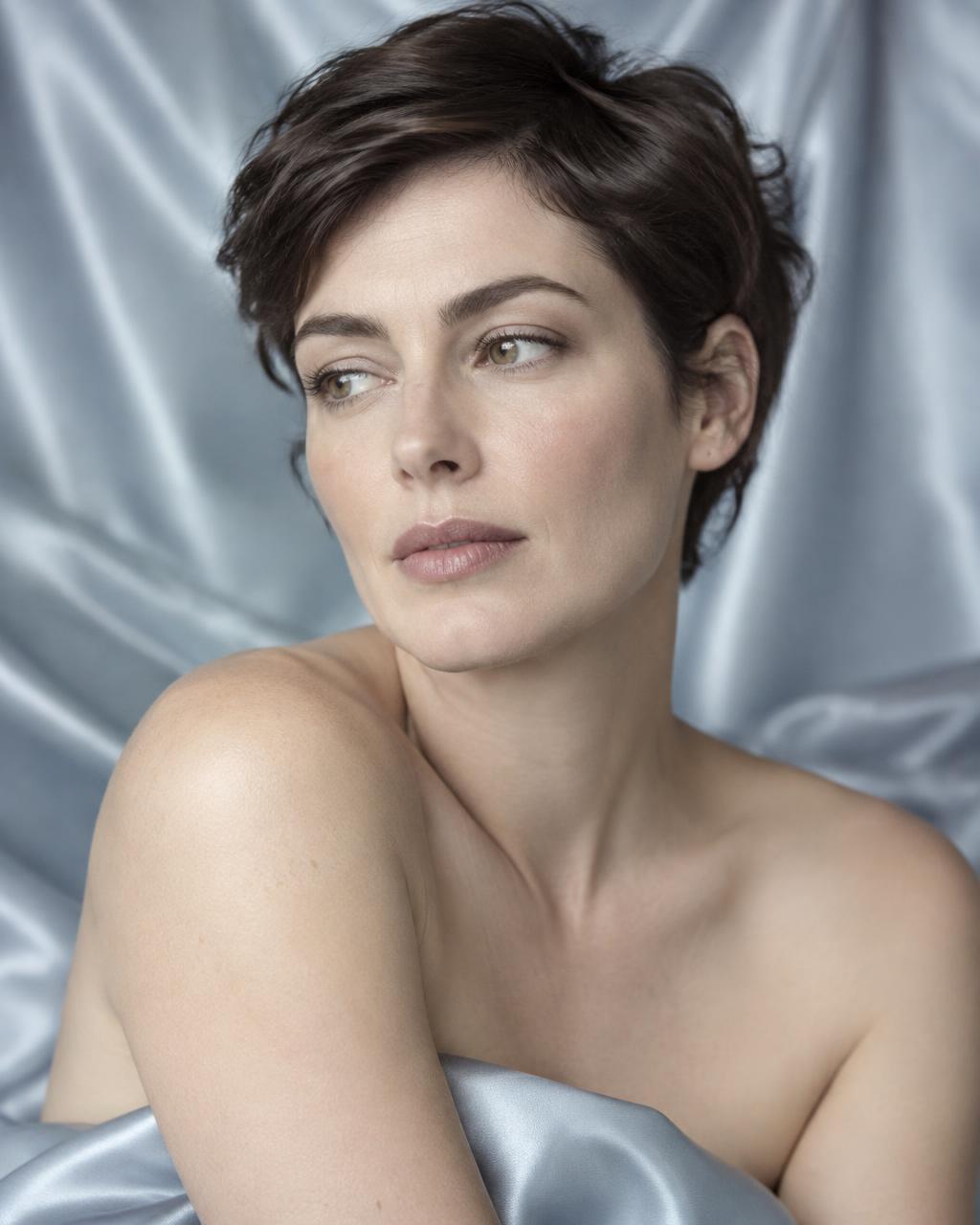 Editorial portrait of a woman with short dark hair against pale blue silk